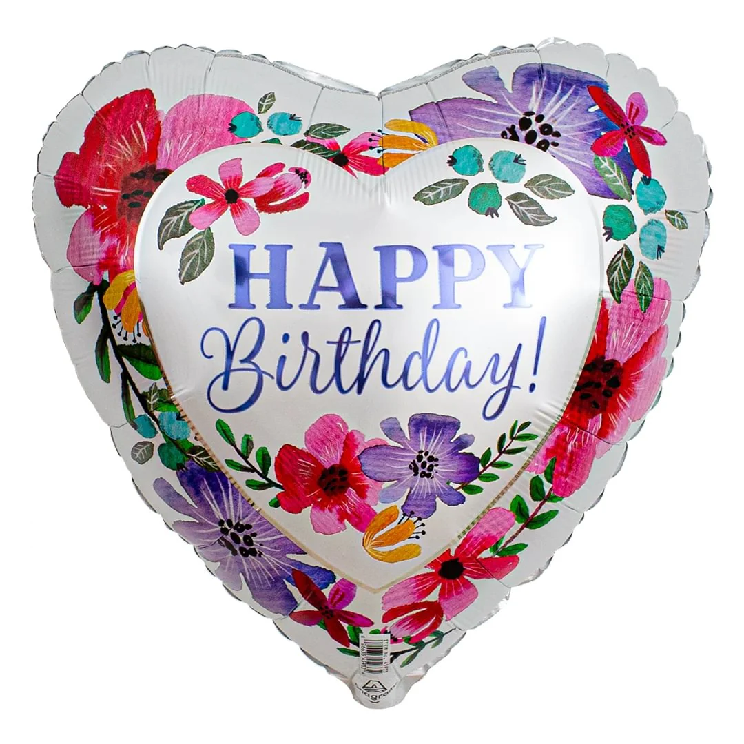 Anagram Satin Happy Birthday Florals 18" Heart foil Balloon (1)