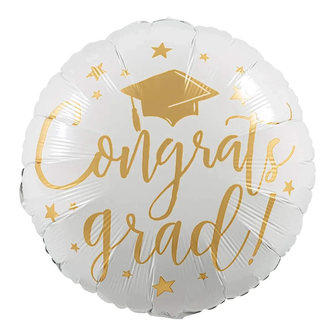 Anagram Congrats Grad White & Gold 18" Circle Foil Balloon (1)